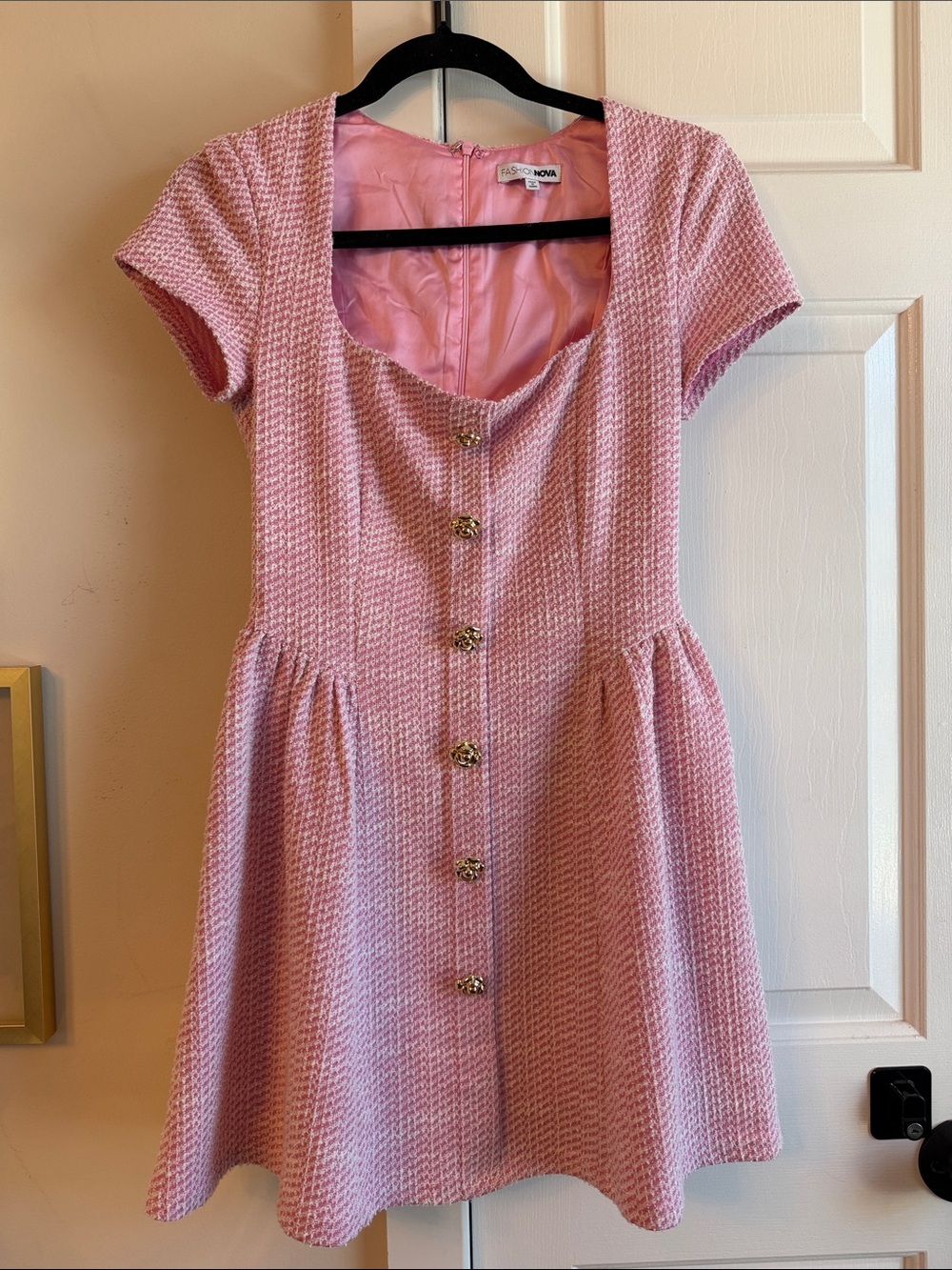 Fashion Nova Pink Tweed Button-Front Fit & Flare Mini Dress